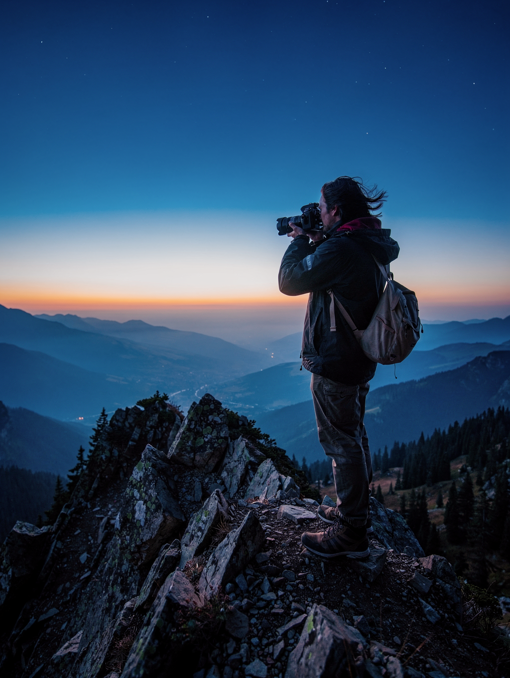 Landscape photographer operating medium format camera in alpine terrain